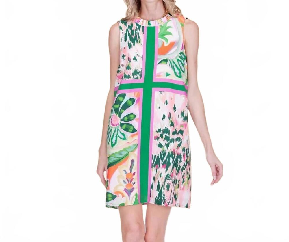 NEW JOY JOY patchwork modern flora garden mini dress in pink/green